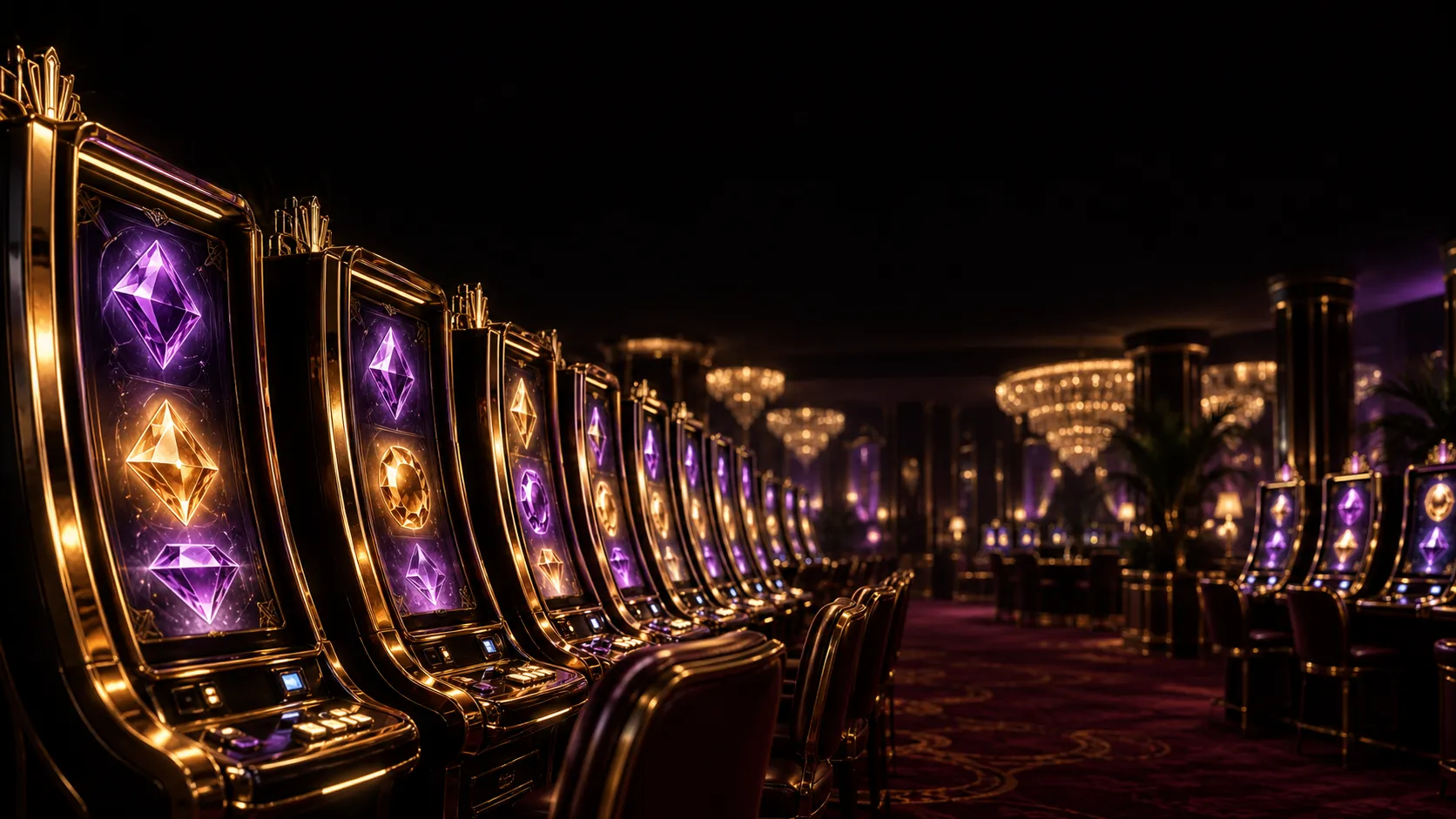 Row of gold slot cabinets with purple gem symbols at Here2Win Casino, shown beside the sign-up steps