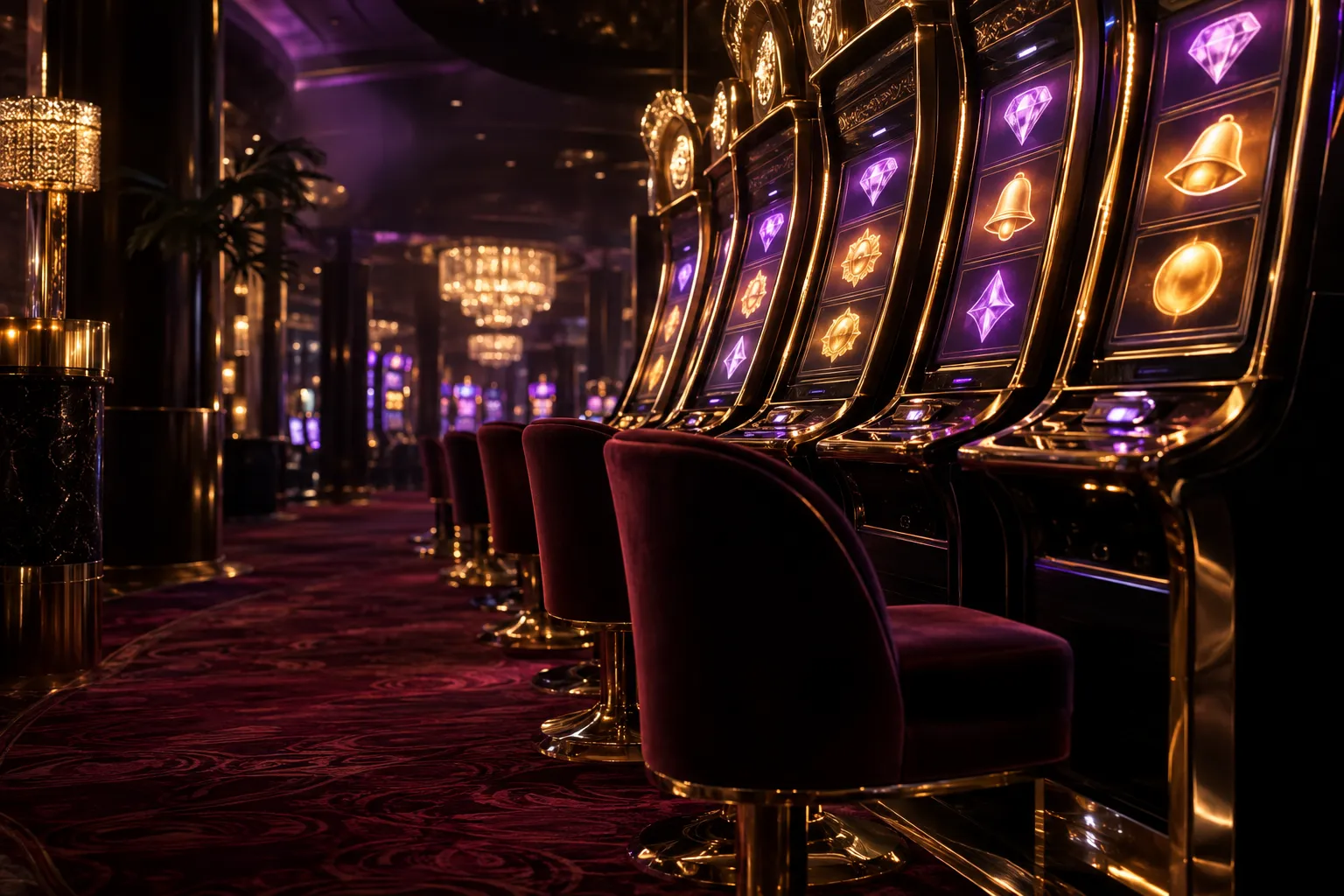 Velvet stools in front of gold slot machines in a Here2Win Casino lounge with a burgundy carpet